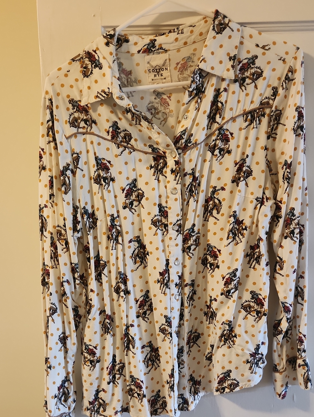 White Western Dot & Cowboy Print Button-Up Top